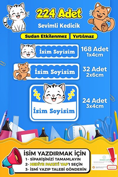 SB store Sevimli Kedi Temalı Okul Kreş Kişiye Özel isim Etiket Seti - Model 370