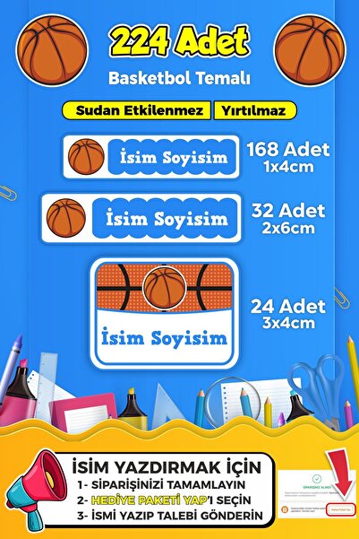 SB store Basketbol Temalı Okul Kreş Kişiye Özel Isim Etiket Seti - Model 26