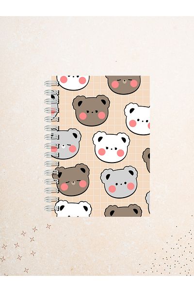 Ez&Tu Stıcker Cute Teddy Bear Patterned Notebook – 60 Sheets / 120 Pages – Unlined Wire Spiral