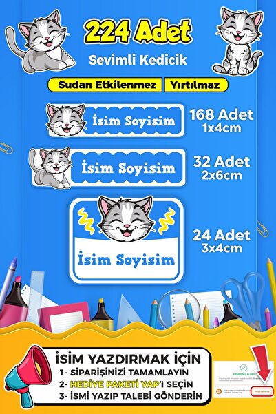 SB store Sevimli Kedi Temalı Okul Kreş Kişiye Özel isim Etiket Seti - Model 380