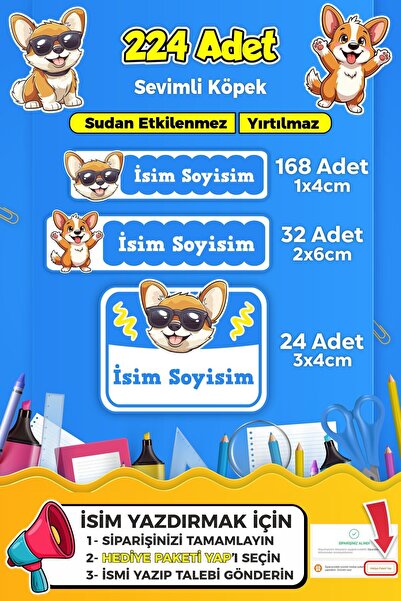 SB store Sevimli Köpek Temalı Okul Kreş Kişiye Özel isim Etiket Seti - Model 420