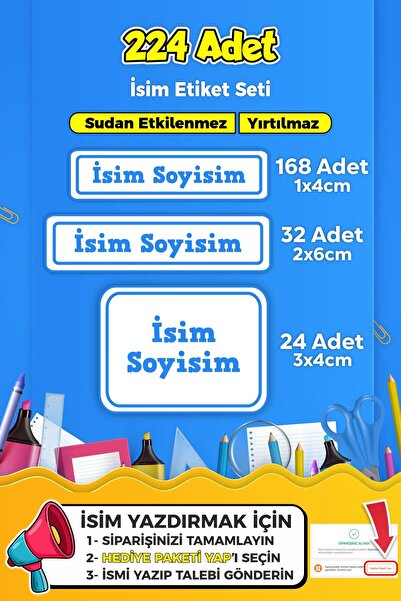 SB store Mavi Renk Okul Kreş Etiketi Kalem Defter Özel Isim Yazılabilen Etike...