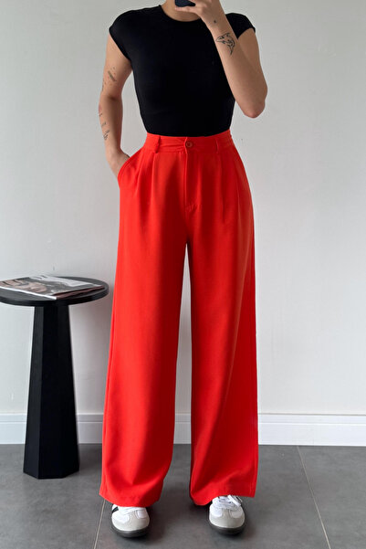 trendalisse Red Palazzo Fabric - Wide Leg Pleated Women's Trousers