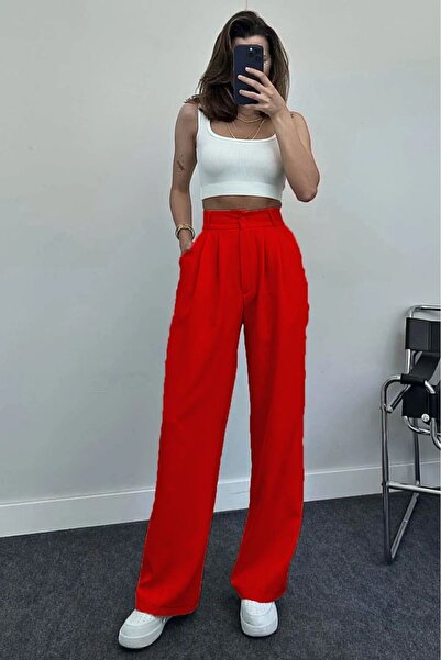 trendalisse Red Palazzo Fabric - Wide Leg Pleated Women's Trousers