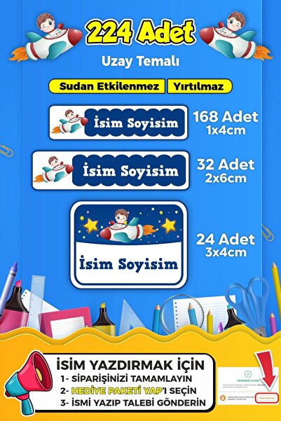 SB store Uzay Temalı Okul Kreş Kişiye Özel Isim Etiket Seti - Model 49