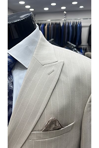 MASSARO Kruvaze Takım krem çizgili