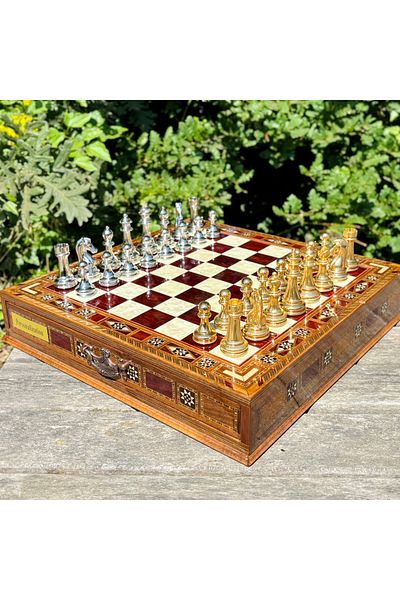 banabirhediye Premium Fully Handmade Chess Set, Gold Metal, Solid Wood Chess, Gift, Chess Set