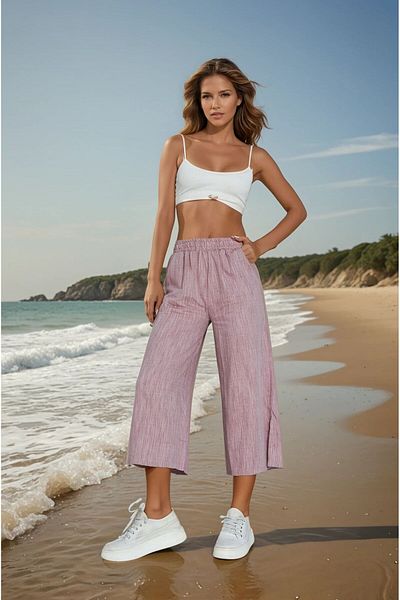 Pasaklı Giyim Women's Burgundy Linen Elastic Waist Pocketed Leg Slit Casual Capri Bermuda Pants 3404209