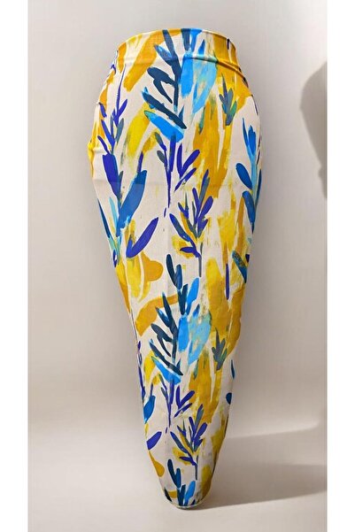 owiç Long Yellow Blue Patterned Chiffon Pareo Women's Beach Dress