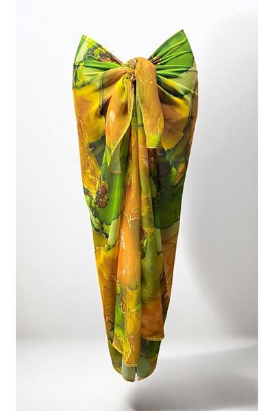 owiç Long Orange Green Patterned Chiffon Pareo Women's Beach Dress