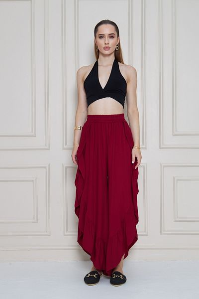 Pasaklı Giyim Women's Burgundy Authentic Elastic Waist Deep Slit Casual Shalwar Skirt Bohemian Trousers 3635280