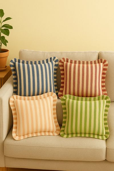Mirilliahome Set de 4 huse de pernă din in cu dungi cu volane – 43x43 cm fețe de pernă decorative