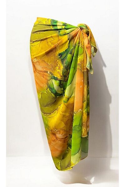 owiç Long Orange Green Patterned Chiffon Pareo Women's Beach Dress