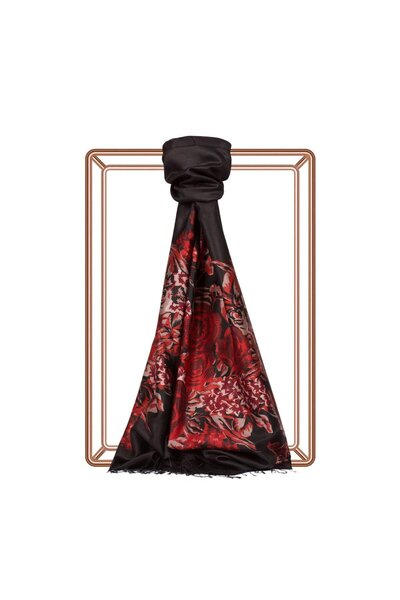 ipekevi Șal de mătase cu model de grădina palatului 02677-Negru Roșu