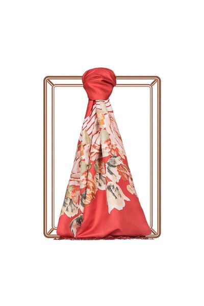 ipekevi Rose Basket Patterned Silk Shawl 05112-Red