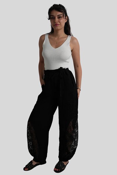 Miss Boheme Black Elastic Waist Side Lace Detailed Trousers
