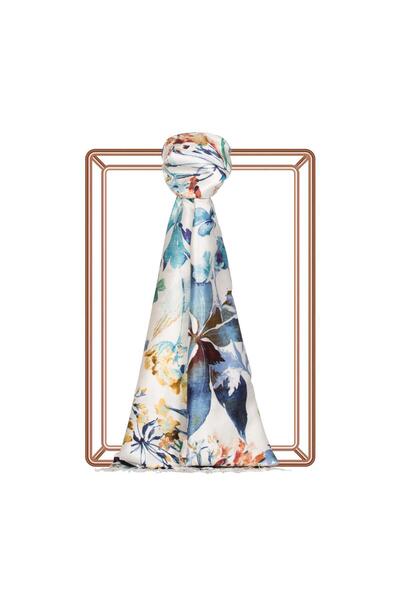 ipekevi Botanical Garden Patterned Silk Shawl 5778-White Blue