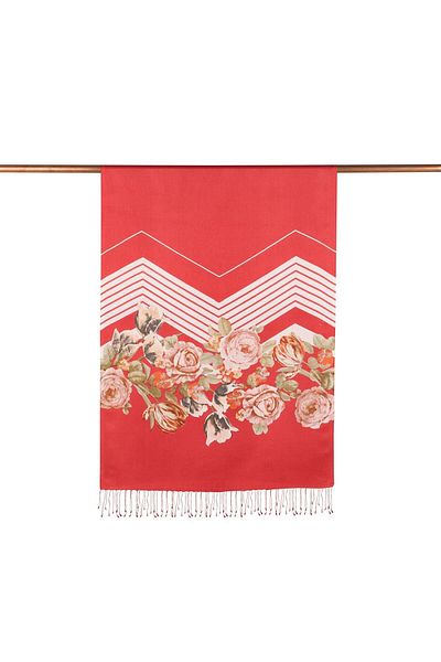 ipekevi Rose Basket Patterned Silk Shawl 05112-Red