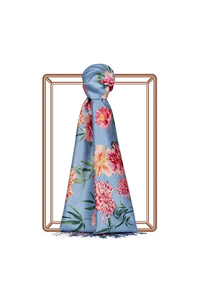 ipekevi Chrysanthemum Patterned Silk Shawl-Baby Blue