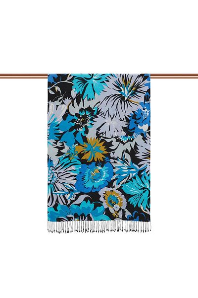 ipekevi Nihavent Patterned Silk Shawl 06111-Black Turquoise