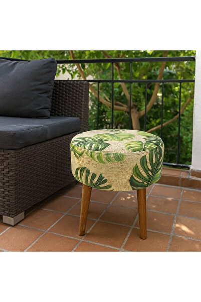 ustaagac Yaprak Motifli Puf Koltuk Bench – Dekoratif Ahşap Ayaklı | Doğal & M...