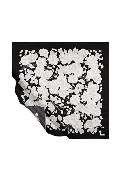 ipekevi Sakura Desenli Tivil İpek Eşarp 01202-Siyah
