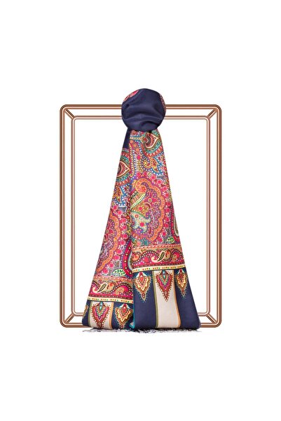 ipekevi Çerçeve Paisley Desenli İpek Şal 06564-Lacivert