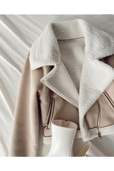 Çuvalmoda Vintage Fur Short Crop Leather Coat Suede Coat Jacket Trench Coat