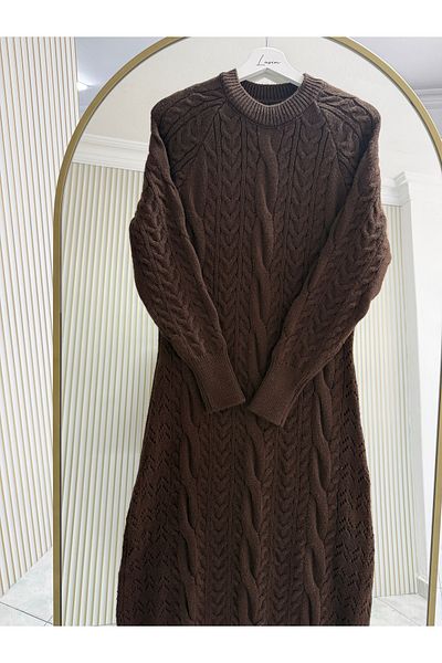 Lusin Rochie de damă din tricot cu mânecă lungă, cu decolteu rotund, brodat - maro