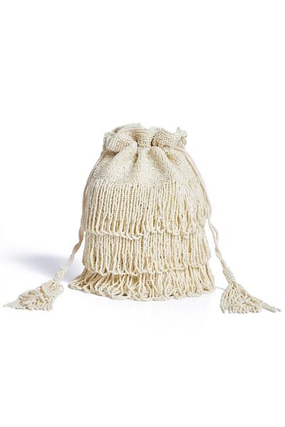 GATSBYLADY LONDON Channel Hand Embellished Fringe Bucket Bag in Cream