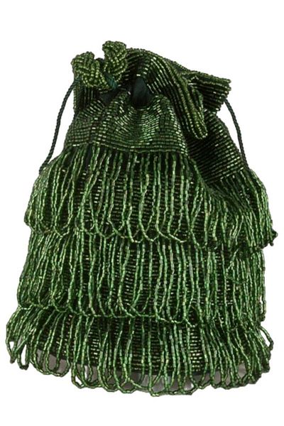 GATSBYLADY LONDON Tassel Hand Embellished Fringe Bucket Bag in Green