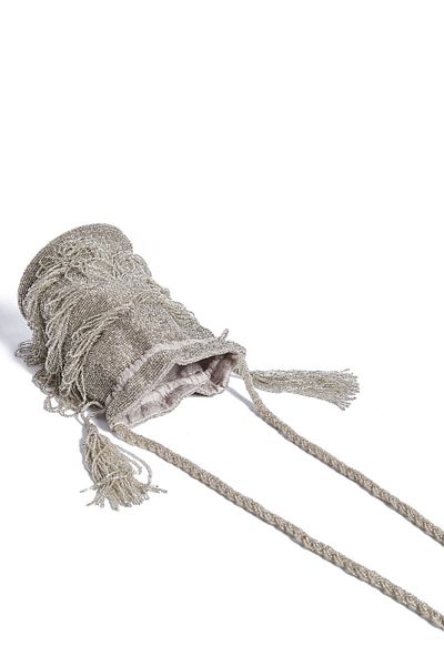 GATSBYLADY LONDON Channel Hand Embellished Fringe Bucket Bag in Silver