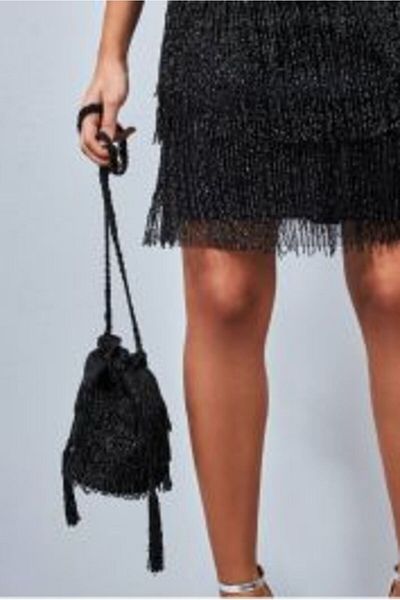 GATSBYLADY LONDON Tassel Hand Embellished Fringe Bucket Bag in Black
