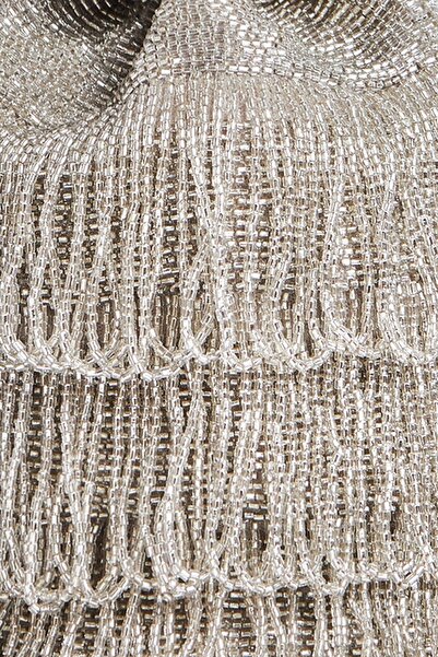 GATSBYLADY LONDON Channel Hand Embellished Fringe Bucket Bag in Silver