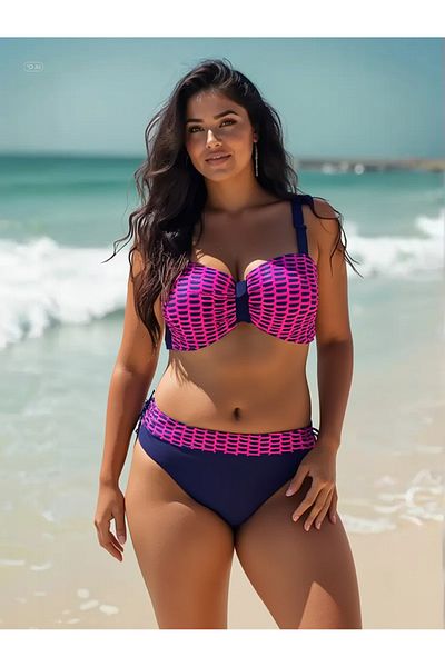 hazelin Fuchsia Chain Print Large Size Bikini - Lined Navy Blue Hzl25S-Lc3303