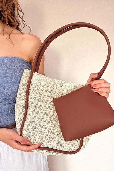 Classbag Γυναικεία Κρέμα Φυσική Πλεκτή Τσάντα Puppy με λουράκι