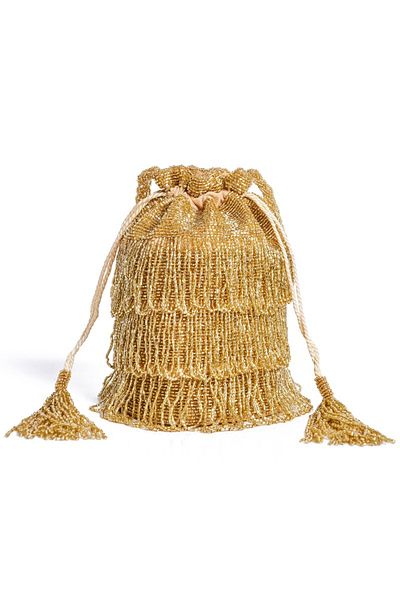 GATSBYLADY LONDON Channel Hand Embellished Fringe Bucket Bag in Gold