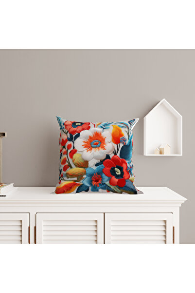 Ahsen Dekoratif Embroidery Patterned Flower Themed Digital Printed Luxury Velvet 4-Piece Throw Pillow Cover Set...