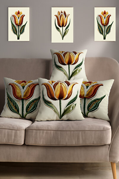 Ahsen Dekoratif Embroidery Patterned Lale Themed Digital Print Luxury Velvet 4-Piece Throw Pillow Cover Set...