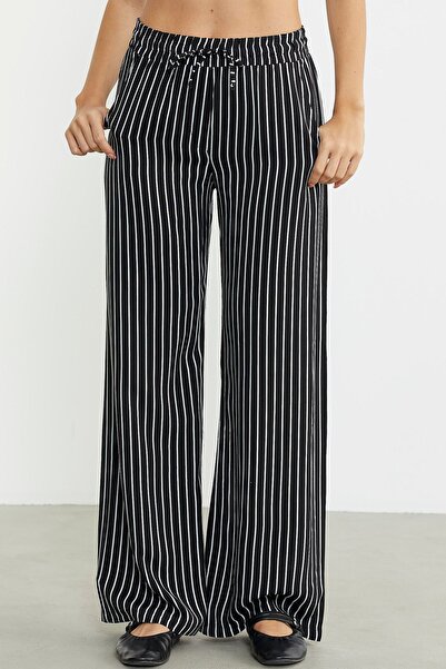 Sementa Striped Loose Cut Viscose Trousers - Black