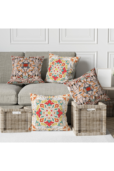 Ahsen Dekoratif Bohemian Striped Patterned Themed Digital Printed Luxury Velvet 4-Piece Throw Pillow Cover Set