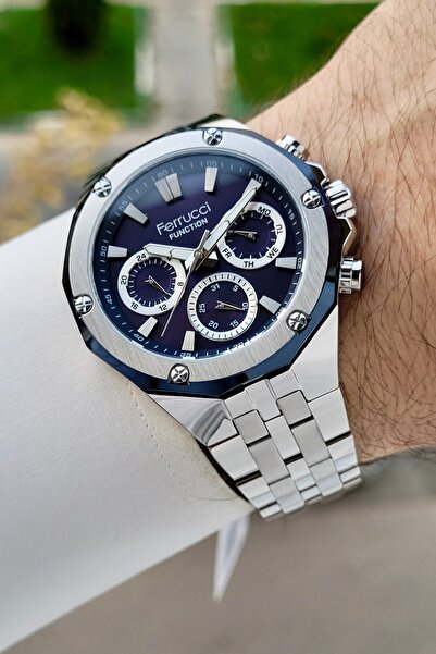 Ferrucci Kadranı Lacivert Kordonu Gümüş Renk İç Göstergeleri Aktif 45 Mm Erke...