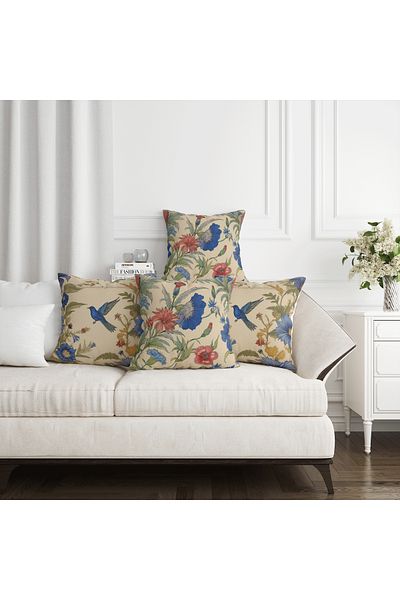 Ahsen Dekoratif Bird Themed Flower Pattern Gray Color Digital Printed Luxury Velvet 4-Piece Throw Pillow Cover Set
