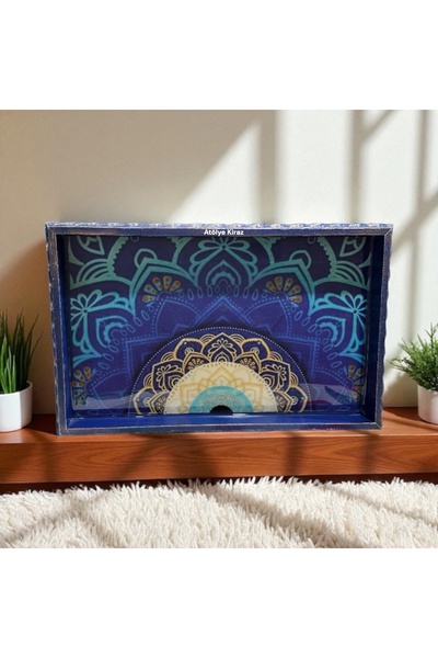 Atölye Kiraz Mandala Patterned Wooden Tray |   Handmade Decorative Presentation Tray in Blue Tones 20X30 cm