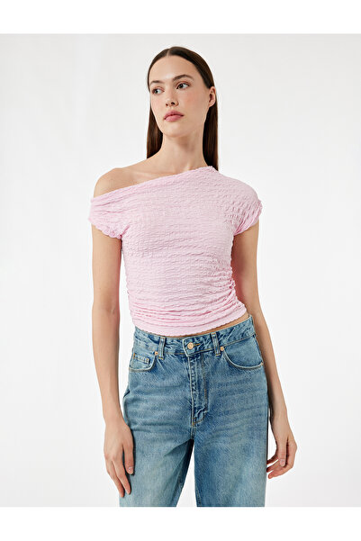 Koton Crop top cu decolteu asimetric texturat fără mâneci din țesătură Bürümcük