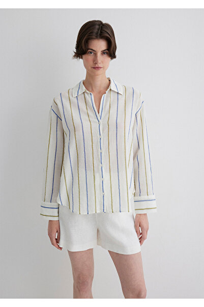 Mavi Çizgili Mavi Gömlek Loose Fit / Bol Rahat Kesim 1211100-80767