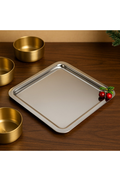NIDAGE Paslanmaz Çelik Gümüş Gri Kirazli Kare Sunum Tepsisi Dekoratif & Kahve...