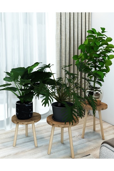 HESA Saksılık Çiçeklik 3lü Atlantik Çam desenli ahşap ayaklı