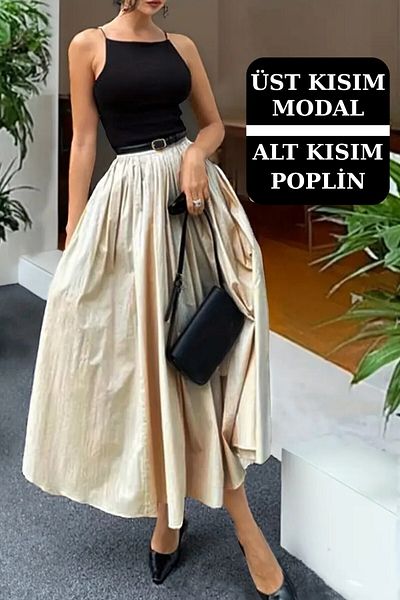 The Champ Clothing Γυναικείο φόρεμα Modal Top με λεπτομέρεια φούστας από ποπλίνα – Κατάλληλο για καθημερινά και ειδικά συνδυασμούς