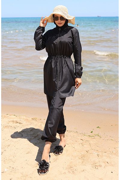 sefamerve Marine Elastic Waist Zippered Hijab Swimsuit with Bonnet Gift 9004-03 Black
